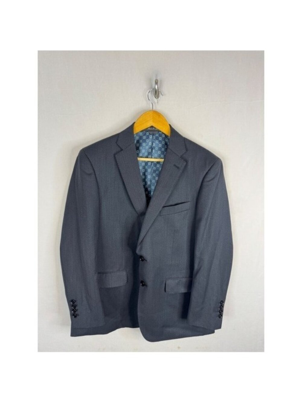 Indochino Mens 40S Short Charcoal Gray Wool Blazer Suit Jacket Blue Lining